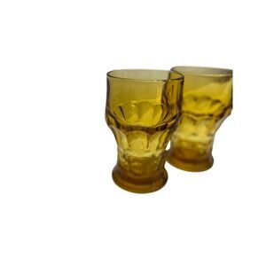 2 Vintage Anchor Hocking Georgian Honey Comb Heavy Amber‎ Glasses Glass Set 1970
